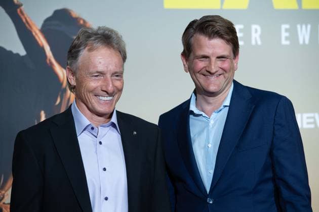 v.l. Bernhard LANGER, Golfprofi, Leopold Leo HOESCH, Produzent, Roter Teppich, Red Carpet Show, Ankunft, arrival, Filmpremiere Filmpremiere BERNHARD LANGER - Der Ewige Champion am 23.09.2025 im Cinedom-Kino in Koeln,