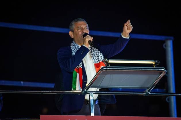 September 24, 2025, Istanbul, Istanbul, Turkey: The Republican PeopleÃ¢â‚¬â ¢s Party (CHP) organized a march from the Consulate General of the State of Palestine to Eyupsultan Square in Istanbul. The demonstration was initiated by the CHP Youth Organization and socialist groups, with the participation of the Palestinian Consul General. People from various political backgrounds gathered in the square, chanting slogans such as Ã¢â‚¬oeFrom the river to the sea, Palestine will be free.Ã¢â‚¬Â CHP leader OZGUR OZEL addressed the crowd at the end of the event, criticizing the governmentÃ¢â‚¬â ¢s policies on Palestine. Istanbul Turkey - ZUMAt171 20250924_zip_t171_038 Copyright: xAbdullahxTepelix