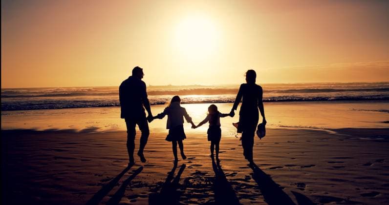 Sunset, family and holding hands with back at beach for holiday, walking and bonding outdoor. Silhouette, mother and father with kids at ocean with mockup space, travel and summer trip with parents Sunset, family and holding hands with back at beach for holiday, walking and bonding outdoor. Silhouette, mother and father with kids at ocean with mockup space, travel and summer trip with parents., model released, , 95492844.jpg RECORD DATE NOT STATED