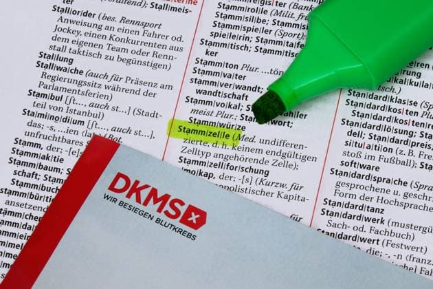 Duden mit Marker und Broschüre von DKMS Duden mit Marker und Broschüre von DKMS, 21.09.2025, Borkwalde, Brandenburg, In einem Duden mit einer Broschüre von DKMS wurde mit einem Marker das Wort Stammzelle hervorgehoben. *** Duden with marker and brochure from DKMS Duden with marker and brochure from DKMS, 21 09 2025, Borkwalde, Brandenburg, In a Duden with a brochure from DKMS, the word stem cell was highlighted with a marker
