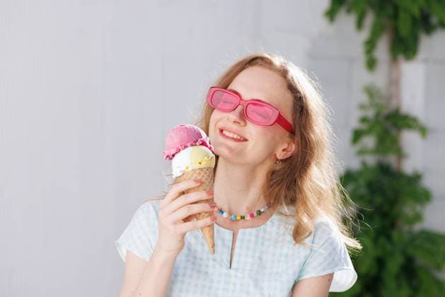 girl in pink glasses eats ice cream balls in the hot summer, escape from the heat girl eats ice cream balls in hot summer, escape from the girl in pink glasses eats ice cream balls in the hot summer, escape from the heat, model released, , 60686824.jpg RECORD DATE NOT STATED