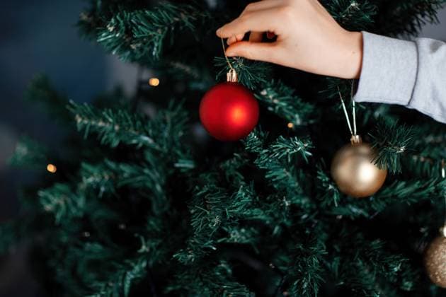 A hand carefully places a red ornament on a beautifully decorated Christmas tree. The green branches and other golden ornaments create a festive and joyful holiday atmosphere. Model Released Selena3726_ID31433_1068899_001 Copyright: xSelena3726x RECORD DATE NOT STATED
