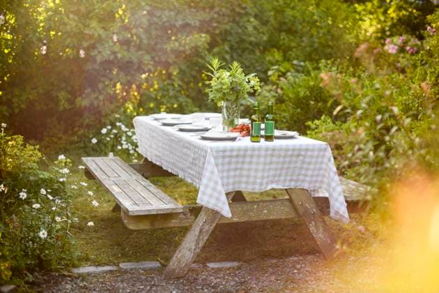 IMAGO Creative, Lifestyle, Feste im Garten #2 Tranquil scene of dinner table with beer bottles and plates in back yard at sunny day Sweden, Stockholm, property released Copyright: xMaskotx , MA120309 MA120309