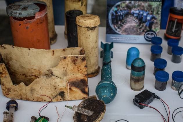 International Day for Mine Awareness and Assistance in Mine Action BOGOTA, COLOMBIA - APRIL 01: Mine fragments are seen during a demonstration exercises of the detection of landmines in Bogota, Colombia on April 01, 2022. On 8 December 2005, the UN General Assembly declared that 4 April of each year shall be observed as the International Day for Mine Awareness and Assistance in Mine Action. In Colombia More than 9.000 members of the Armed Forces and National Police with disabilities and landmines victims benefit The Inclusive Rehabilitation Center. Colombia has the world s second-highest fatality rate from land mines, after Afghanistan. Colombia World. Editorial use only. Please get in touch for any other usage.  Copyright: x2025xAnadoluxJuanchoxTorresx