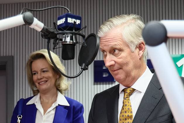 Queen Mathilde of Belgium and King Philippe - Filip of Belgium pictured during a royal visit to Belgischer Rundfunk (Belgian Broadcasting Corporation - BRF) in Eupen on the occasion of its 80th anniversary, on Tuesday 30 September 2025. The Belgischer Rundfunk is the German-language public broadcaster. The King and Queen will meet the management, journalists, and staff of the BRF and tour the editorial office and various radio and television studios.  BRUNOxFAHY 135705641
