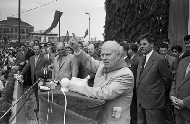 Dimitrovgrad, People s Republic of Bulgaria. First Secretary of the CPSU Central Committee, Chairman of the USSR Council of Ministers Nikita Khrushchev (front), First Secretary of the Central Committee of the Bulgarian Communist Party Todor Hristov Zhivkov (2nd L back) and Secretary of the CPSU Central Committee, Head of the International Department of the CPSU Central Committee Boris Ponomarev (R back) attend a rally at the Maritsa-Vostok Thermal Power Plant. Vasily Yegorov TASS  32398862
