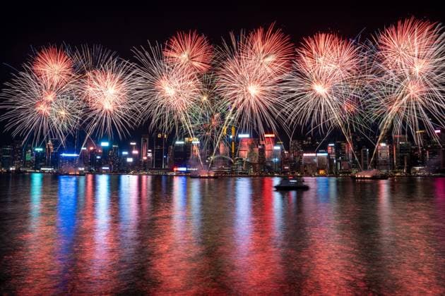 China National Day Fireworks Display Fireworks exploding over Victoria Harbor during the China national day fireworks display on October 1, 2025 in Hong Kong. (Photo by Vernon Yuen Nexpher Images)