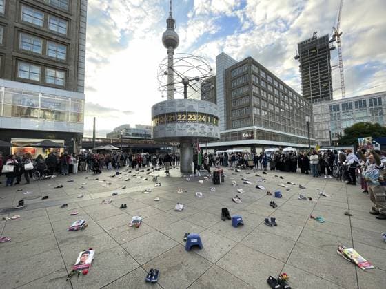 Protest in Berlin against Israel s attack on Global Sumud Flotilla BERLIN, GERMANY - OCTOBER 2: Demonstrators gather at the Alexanderpaltz Square as they leave child shoes to stage a protest in support of the Global Sumud Flotilla, in Berlin, Germany on October 2, 2025. Protesters held banners and Palestinian flags while chanting slogans in solidarity with Palestine. Halil Sagirkaya Anadolu Berlin Germany. Editorial use only. Please get in touch for any other usage.  Copyright: x2025xAnadoluxHalilxSagirkayax