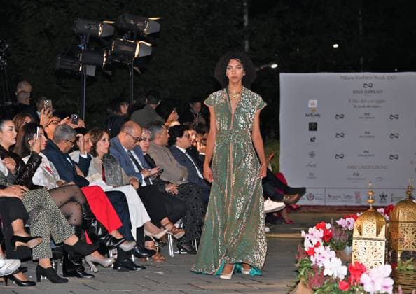 Milan, Italy Il Filo del Coraggio fashion show event dedicated to women against violence by the Italian-Moroccan designer Hnia Harrati at the Fontana e Rocce of Palazzo Lombardia during Fashion Week with the presence of personalities, institutions and associations. In the photo: fashion show with public and institutions present.  Copyright: xNickxZonnax xipa-agency.netx xNickxZonnax IPA_Agency_IPA66058197