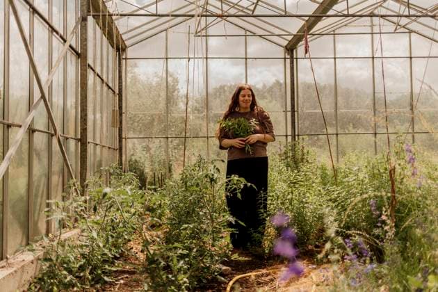 Woman picking flowers inside the greenhouse Amsterdam, North Holland, Netherlands CR_RTBZ25100571-1848519-01 ,model released, Symbolfoto