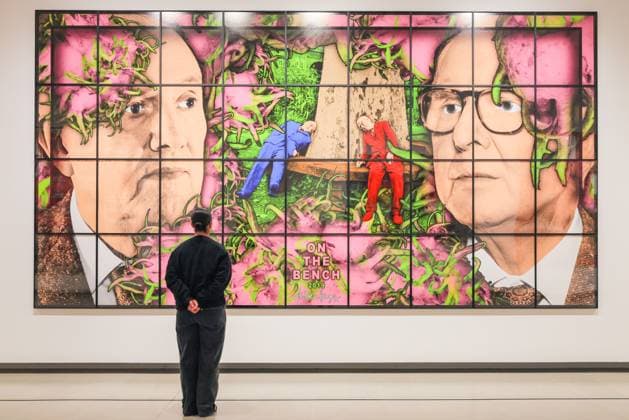Gilbert & George 21ST CENTURY PICTURES photocall at the Hayward Gallery, London, UK London, UK. 06th Oct 2025. Staff with Gilbert & George, ON THE BENCH, 2019. The Hayward Gallery s new exhibition 21ST CENTURY PICTURES by artists Gilbert & George highlights the artists evolution over the past 25 years. It presents 60 floor-to-ceiling installations, debuting new pictures alongside acclaimed works, exploring themes of hope, fear, sex, religion, corruption and death., Credit:Imageplotter Avalon  Copyright: xImageplotterx xAvalonx 1043788775