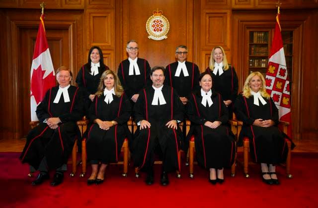 October 6, 2025, Ottawa, On, Canada: Supreme Court of Canada Justices Malcolm Row, left to right, Michelle O Bonsawin, Andromache Karakatsanis, Nicholas Kasirer, Richard Wagner, Mahmud Jamal, Suzanne Cote, Mary T. Moreau, and Sheilah L. Martin wear their new robes as they take part in the Official Bench Photo in the Judges Conference Room at the Supreme Court of Canada in Ottawa on Monday, Oct. 6, 2025. Ottawa Canada - ZUMAc35_ 20251006_zaf_c35_008 Copyright: xSeanxKilpatrickx