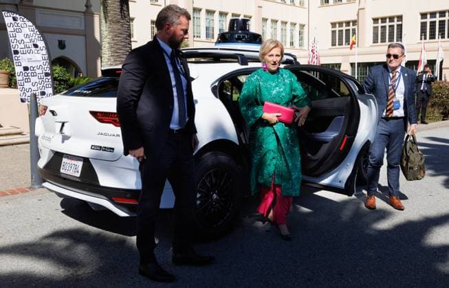 Princess Astrid of Belgium arrives with a Waymo car prior to the Autonomous Mobility Seminar: Advancing the Future of Self-Driving Technology meeting during an economic mission to the west coast of the United States, on Monday 06 October 2025. The Belgian Economic mission to USA takes place from October 4th to 12th.  BENOITxDOPPAGNE 136273122