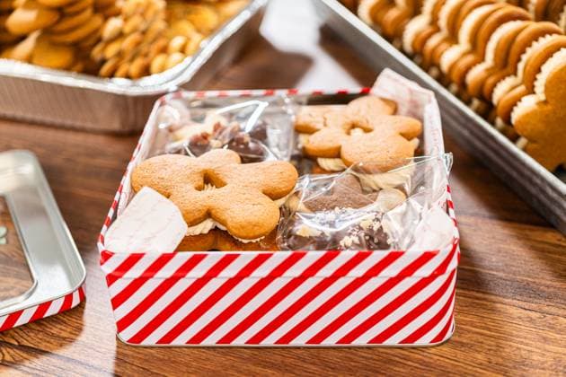 IMAGO Creative, Weihnachten, Food, Backen, Lebkuchen Festive Christmas Tin Boxes Filled with Chocolate-Dipped Treats Lovingly homemade gingerbread and sugar cookies, half-dipped in rich chocolate, nestled in decorative Christmas tin boxes perfect for seasonal gifting., 59373308.jpg RECORD DATE NOT STATED