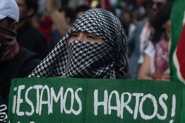 Protest To Demand Stop Genocide In Gaza A female activist taking part during a protest demanding an stop to the genocide in Gaza and calling on the Mexican government to break ties with Israel on Reforma Avenue on October 7, 2025, in Mexico City, Mexico. (Photo by Marco Gonzalez Eyepix Group) Copyright: xMarcoxGonzalez xEyepixxGroupx MTG_07102025_171404JPEG