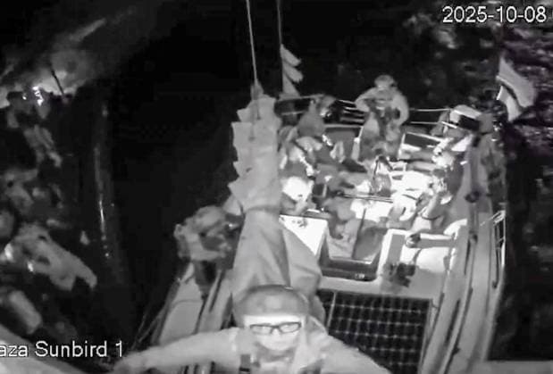 Israeli Navy attacks 3 vessels of Gaza-bound Freedom Flotilla Coalition in international waters MEDITERRANEAN SEA - OCTOBER 8: (----EDITORIAL USE ONLY MANDATORY CREDIT - FREEDOM FLOTILLA COALITION HANDOUT - NO MARKETING NO ADVERTISING CAMPAIGNS - DISTRIBUTED AS A SERVICE TO CLIENTS----) A screen grab shows The Israeli Navy attacked three ships of the Gaza-bound Freedom Flotilla Coalition (FFC) in international waters roughly 120 nautical miles (222 kilometers) from the enclave on October 08, 2025. Freedom Flotilla Coalition Anadolu Mediterranean Sea Mediterranean Sea. Editorial use only. Please get in touch for any other usage.  Copyright: x2025xAnadoluxFreedomxFlotillaxCoalitionx