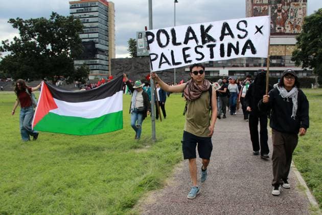 Free Palestine University Conference At The National Autonomous University Of Mexico (UNAM) In Mexico City Students from various faculties of the National Autonomous University of Mexico (UNAM) participate in a political event as part of the Free Palestine University Day at Ciudad Universitaria in Mexico City, Mexico, on October 7, 2025. On this day, two years after the start of the genocide in Gaza, academics, university unions, and students from the different faculties of the UNAM reaffirm their solidarity with the Palestinian people and demand to break relations with the State of Israel. MÃ xico City Mexico  Copyright: xJosexLuisxToralesx originalFilename: torales-notitle251007_npY0e.jpg