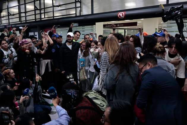 October 8, 2025, Mexico, Cdmx, Mexico: This Wednesday, SOL GONZALEZ EGUIA, ERNESTO LEDESMA ARRONTE, ARLIN MEDRANO GUZMAN, CARLOS PEREZ OSORIO, DIEGO VAZQUEZ GALINDO, and LAURA ALEJANDRA VELEZ RUIZ GAITAN arrived repatriated after being intercepted and detained by the State of Israel while attempting to deliver aid to the Palestinian people on the SUMUD Global Flotilla. The Mexican government, through the Ministry of Foreign Affairs (SRE), was responsible for the accompaniment and repatriation of these activists for their arrival at Mexico City International Airport Mexico Mexico - ZUMAp204 20251008_zip_p204_010 Copyright: xJosuexPerezx