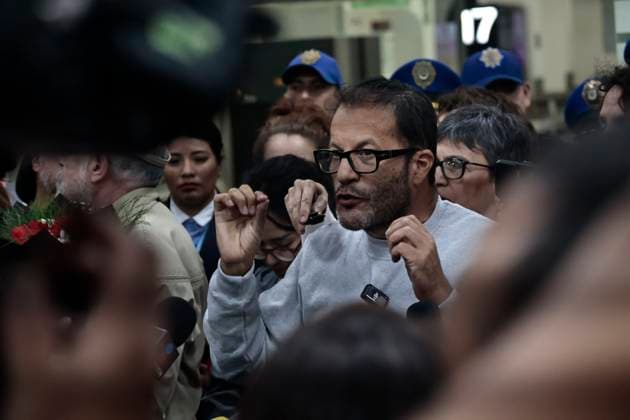 October 8, 2025, Mexico, Cdmx, Mexico: This Wednesday, SOL GONZALEZ EGUIA, ERNESTO LEDESMA ARRONTE, ARLIN MEDRANO GUZMAN, CARLOS PEREZ OSORIO, DIEGO VAZQUEZ GALINDO, and LAURA ALEJANDRA VELEZ RUIZ GAITAN arrived repatriated after being intercepted and detained by the State of Israel while attempting to deliver aid to the Palestinian people on the SUMUD Global Flotilla. The Mexican government, through the Ministry of Foreign Affairs (SRE), was responsible for the accompaniment and repatriation of these activists for their arrival at Mexico City International Airport Mexico Mexico - ZUMAp204 20251008_zip_p204_015 Copyright: xJosuexPerezx