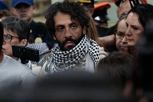 October 8, 2025, Mexico, Cdmx, Mexico: This Wednesday, SOL GONZALEZ EGUIA, ERNESTO LEDESMA ARRONTE, ARLIN MEDRANO GUZMAN, CARLOS PEREZ OSORIO, DIEGO VAZQUEZ GALINDO, and LAURA ALEJANDRA VELEZ RUIZ GAITAN arrived repatriated after being intercepted and detained by the State of Israel while attempting to deliver aid to the Palestinian people on the SUMUD Global Flotilla. The Mexican government, through the Ministry of Foreign Affairs (SRE), was responsible for the accompaniment and repatriation of these activists for their arrival at Mexico City International Airport Mexico Mexico - ZUMAp204 20251008_zip_p204_016 Copyright: xJosuexPerezx