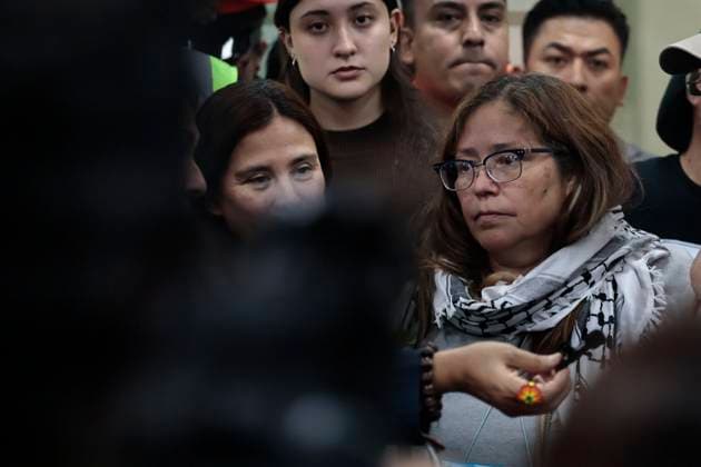 October 8, 2025, Mexico, Cdmx, Mexico: This Wednesday, SOL GONZALEZ EGUIA, ERNESTO LEDESMA ARRONTE, ARLIN MEDRANO GUZMAN, CARLOS PEREZ OSORIO, DIEGO VAZQUEZ GALINDO, and LAURA ALEJANDRA VELEZ RUIZ GAITAN arrived repatriated after being intercepted and detained by the State of Israel while attempting to deliver aid to the Palestinian people on the SUMUD Global Flotilla. The Mexican government, through the Ministry of Foreign Affairs (SRE), was responsible for the accompaniment and repatriation of these activists for their arrival at Mexico City International Airport Mexico Mexico - ZUMAp204 20251008_zip_p204_017 Copyright: xJosuexPerezx