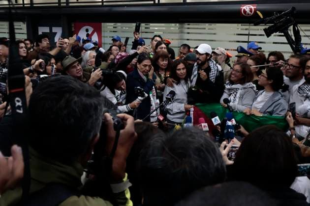 October 8, 2025, Mexico, Cdmx, Mexico: This Wednesday, SOL GONZALEZ EGUIA, ERNESTO LEDESMA ARRONTE, ARLIN MEDRANO GUZMAN, CARLOS PEREZ OSORIO, DIEGO VAZQUEZ GALINDO, and LAURA ALEJANDRA VELEZ RUIZ GAITAN arrived repatriated after being intercepted and detained by the State of Israel while attempting to deliver aid to the Palestinian people on the SUMUD Global Flotilla. The Mexican government, through the Ministry of Foreign Affairs (SRE), was responsible for the accompaniment and repatriation of these activists for their arrival at Mexico City International Airport Mexico Mexico - ZUMAp204 20251008_zip_p204_026 Copyright: xJosuexPerezx