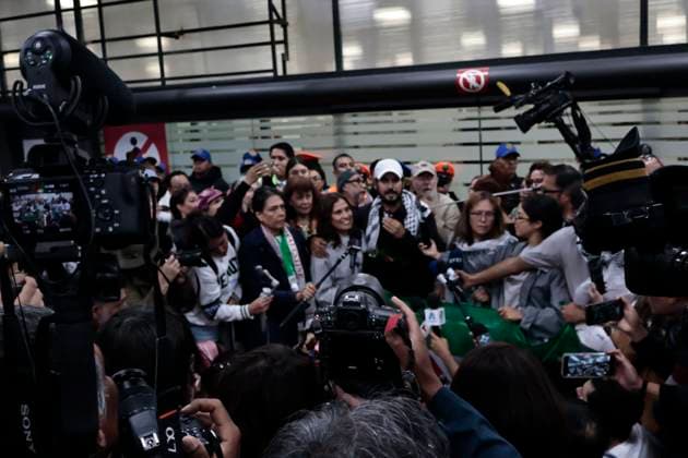 October 8, 2025, Mexico, Cdmx, Mexico: This Wednesday, SOL GONZALEZ EGUIA, ERNESTO LEDESMA ARRONTE, ARLIN MEDRANO GUZMAN, CARLOS PEREZ OSORIO, DIEGO VAZQUEZ GALINDO, and LAURA ALEJANDRA VELEZ RUIZ GAITAN arrived repatriated after being intercepted and detained by the State of Israel while attempting to deliver aid to the Palestinian people on the SUMUD Global Flotilla. The Mexican government, through the Ministry of Foreign Affairs (SRE), was responsible for the accompaniment and repatriation of these activists for their arrival at Mexico City International Airport Mexico Mexico - ZUMAp204 20251008_zip_p204_028 Copyright: xJosuexPerezx