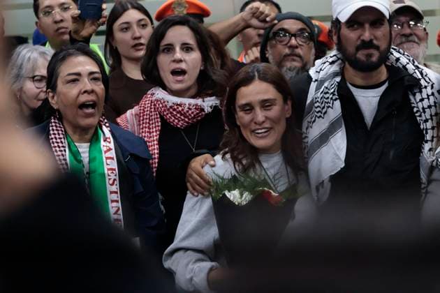 October 8, 2025, Mexico, Cdmx, Mexico: This Wednesday, SOL GONZALEZ EGUIA, ERNESTO LEDESMA ARRONTE, ARLIN MEDRANO GUZMAN, CARLOS PEREZ OSORIO, DIEGO VAZQUEZ GALINDO, and LAURA ALEJANDRA VELEZ RUIZ GAITAN arrived repatriated after being intercepted and detained by the State of Israel while attempting to deliver aid to the Palestinian people on the SUMUD Global Flotilla. The Mexican government, through the Ministry of Foreign Affairs (SRE), was responsible for the accompaniment and repatriation of these activists for their arrival at Mexico City International Airport Mexico Mexico - ZUMAp204 20251008_zip_p204_031 Copyright: xJosuexPerezx