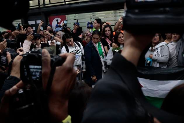October 8, 2025, Mexico, Cdmx, Mexico: This Wednesday, SOL GONZALEZ EGUIA, ERNESTO LEDESMA ARRONTE, ARLIN MEDRANO GUZMAN, CARLOS PEREZ OSORIO, DIEGO VAZQUEZ GALINDO, and LAURA ALEJANDRA VELEZ RUIZ GAITAN arrived repatriated after being intercepted and detained by the State of Israel while attempting to deliver aid to the Palestinian people on the SUMUD Global Flotilla. The Mexican government, through the Ministry of Foreign Affairs (SRE), was responsible for the accompaniment and repatriation of these activists for their arrival at Mexico City International Airport Mexico Mexico - ZUMAp204 20251008_zip_p204_039 Copyright: xJosuexPerezx