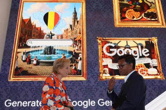 Princess Astrid of Belgium and Google Vice President, Global Infrastructure and Capacity Bikash Koley pictured during a visit to Google Cloud Space during an economic mission to the west coast of the United States, in the so-called Silicon Valley in Sunnyvale, on Wednesday 08 October 2025. The Belgian Economic mission to USA takes place from October 4th to 12th.  BENOITxDOPPAGNE 136353666
