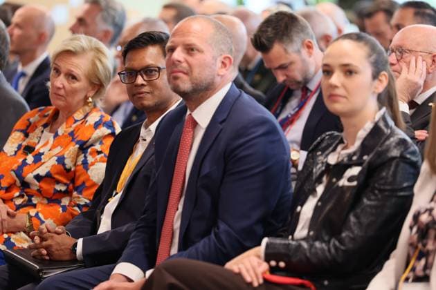 Princess Astrid of Belgium, Google Vice President, Global Infrastructure and Capacity Bikash Koley and Minister of Defence and Foreign Trade Theo Francken pictured during a visit to Google Cloud Space during an economic mission to the west coast of the United States, in the so-called Silicon Valley in Sunnyvale, on Wednesday 08 October 2025. The Belgian Economic mission to USA takes place from October 4th to 12th.  BENOITxDOPPAGNE 136354118