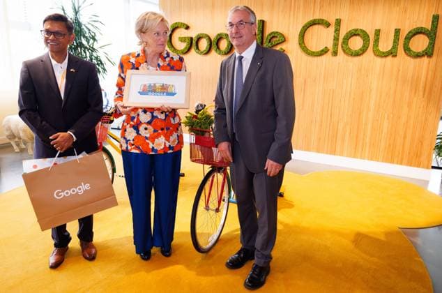 Google Vice President, Global Infrastructure and Capacity Bikash Koley, Princess Astrid of Belgium and Walloon Minister in charge of the Economy, Employment, Industry and Training Pierre-Yves Jeholet pictured during a visit to Google Cloud Space during an economic mission to the west coast of the United States, in the so-called Silicon Valley in Sunnyvale, on Wednesday 08 October 2025. The Belgian Economic mission to USA takes place from October 4th to 12th.  BENOITxDOPPAGNE 136372808