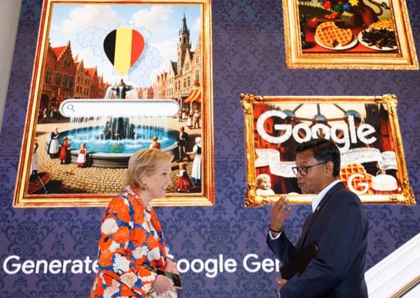 Princess Astrid of Belgium and Google Vice President, Global Infrastructure and Capacity Bikash Koley pictured during a visit to Google Cloud Space during an economic mission to the west coast of the United States, in the so-called Silicon Valley in Sunnyvale, on Wednesday 08 October 2025. The Belgian Economic mission to USA takes place from October 4th to 12th.  BENOITxDOPPAGNE 136372817