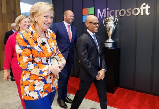 CEO Microsoft Belgium and Luxembourg Marijke Schroos, Princess Astrid of Belgium, Minister of Defence and Foreign Trade Theo Francken and Microsoft Executive Vice President Jay Parikh pictured a visit to Microsoft Company during an economic mission to the west coast of the United States, in the so-called Silicon Valley in Mountain View, on Wednesday 08 October 2025. The Belgian Economic mission to USA takes place from October 4th to 12th.  BENOITxDOPPAGNE 136376243