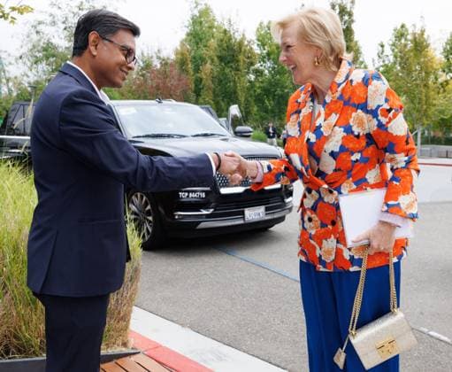 Google Vice President, Global Infrastructure and Capacity Bikash Koley and Princess Astrid of Belgium pictured ahead of a visit to Google Cloud Space during an economic mission to the west coast of the United States, in the so-called Silicon Valley in Sunnyvale, on Wednesday 08 October 2025. The Belgian Economic mission to USA takes place from October 4th to 12th.  BENOITxDOPPAGNE 136381051