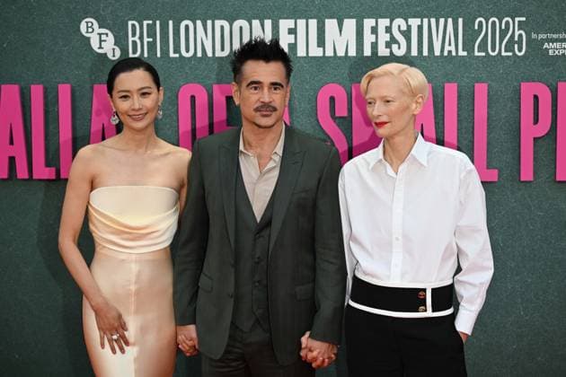 BFI London Film Festival LONDON, UNITED KINGDOM - OCTOBER 9: Fala Chen (R), Colin Farrell (C), Tilda Swinton (R) attend the premiere of the film Ballad of a Small Player during the 69th BFI London Film Festival at the Royal Festival Hall on October 9, 2025, in London, United Kingdom. Rasid Necati Aslim Anadolu London United Kingdom. Editorial use only. Please get in touch for any other usage.  Copyright: x2025xAnadoluxRasidxNecatixAslimx