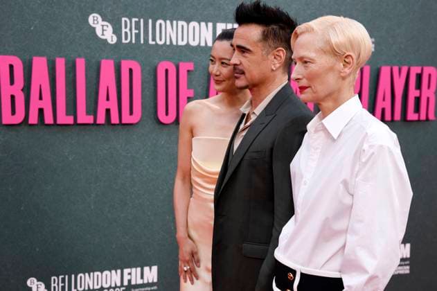 Fala Chen, Colin Farrell und Tilda Swinton bei der Premiere des Kinofilms Ballad of a Small Player auf dem 69. BFI London Film Festival 2025 in der Royal Festival Hall. London, 09.10.2025