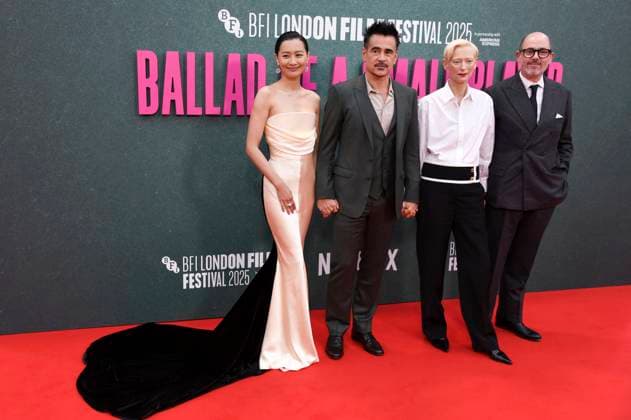 Fala Chen, Colin Farrell, Tilda Swinter und Edward Berger bei der Premiere des Kinofilms Ballad of a Small Player auf dem 69. BFI London Film Festival 2025 in der Royal Festival Hall. London, 09.10.2025