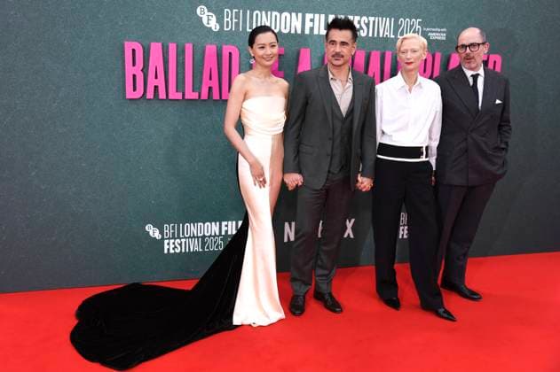 Fala Chen, Colin Farrell, Tilda Swinter und Edward Berger bei der Premiere des Kinofilms Ballad of a Small Player auf dem 69. BFI London Film Festival 2025 in der Royal Festival Hall. London, 09.10.2025