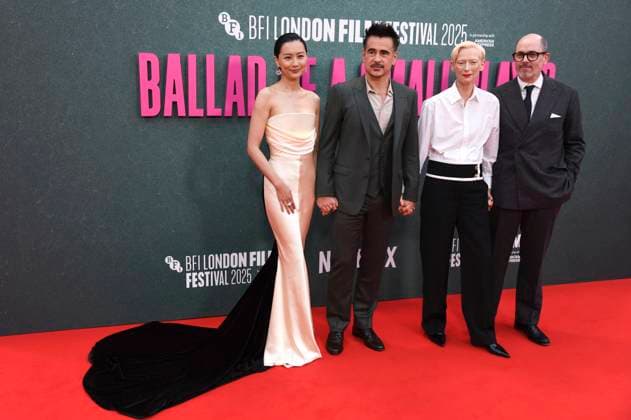 Fala Chen, Colin Farrell, Tilda Swinter und Edward Berger bei der Premiere des Kinofilms Ballad of a Small Player auf dem 69. BFI London Film Festival 2025 in der Royal Festival Hall. London, 09.10.2025