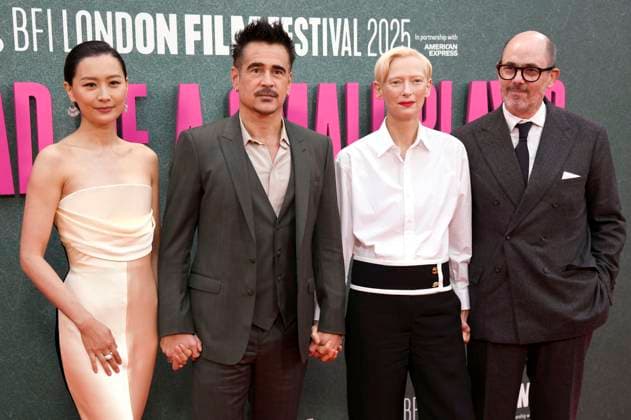 Fala Chen, Colin Farrell, Tilda Swinter und Edward Berger bei der Premiere des Kinofilms Ballad of a Small Player auf dem 69. BFI London Film Festival 2025 in der Royal Festival Hall. London, 09.10.2025