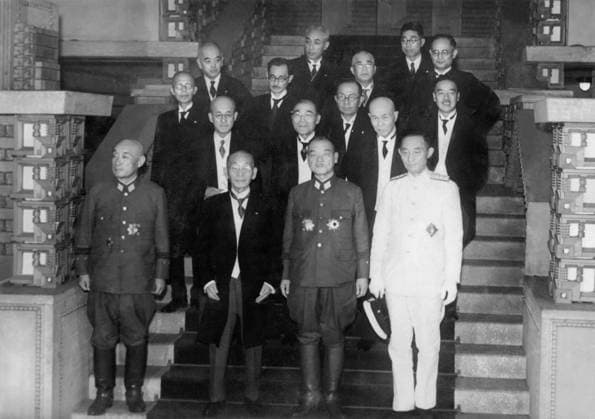 Wartime Japan PM Koiso s government inaugurated Cabinet ministers under the government of wartime Japanese Prime Minister Gen. Kuniaki Koiso (1st row, 2nd from R) pose for a photo at the prime minister s office in Tokyo on July 22, 1944, following its inauguration.  A14AA0004930077P