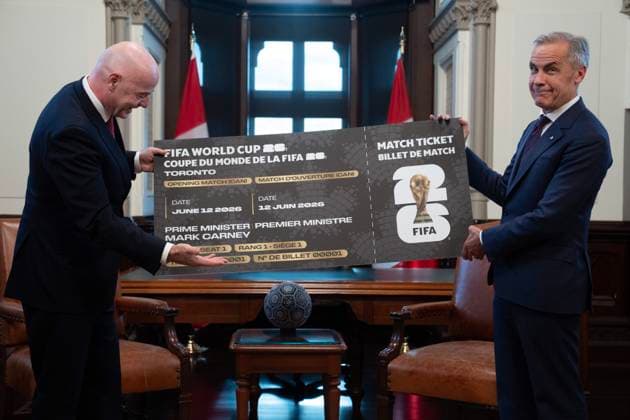 October 10, 2025, Ottawa, On, Canada: Prime Minister Mark Carney, right, is presented with a novelty World Cup ticket by FIFA President Gianni Infantino at the start of a meeting in his office on Parliament Hill in Ottawa, Friday, Oct. 10, 2025. Ottawa Canada  - ZUMAc35_ 20251010_zaf_c35_071 Copyright: xAdrianxWyldx