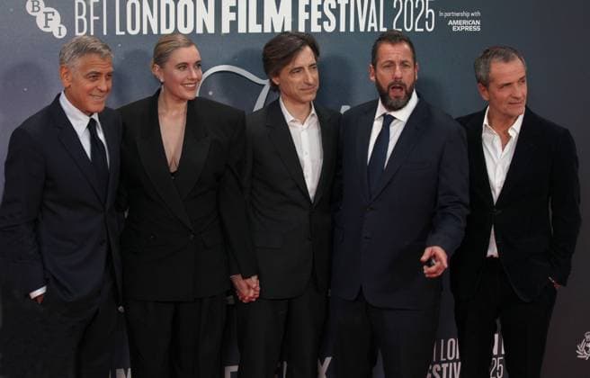 Jay Kelly premiere London, UK. George Clooney, Greta Gerwig, Noah Baumbach, Adam Sandler and David Heyman at the Jay Kelly premiere. 69th BFI London Film Festival. Royal Festival Hall. 10th October 2025. LMK11-S101025-002 Steve Bealing Landmark Media 