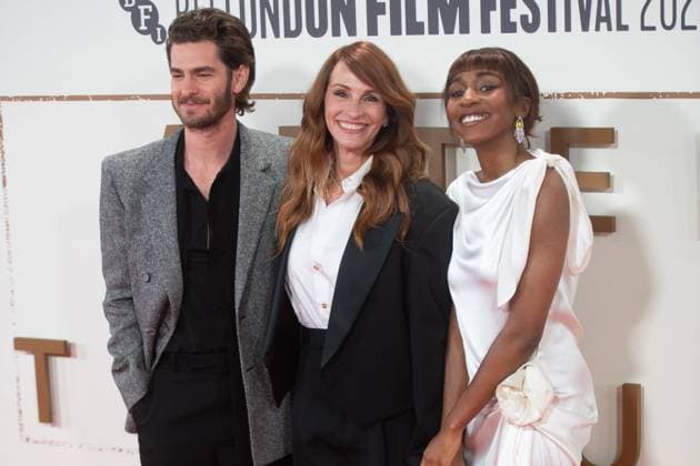 London Film Festival 2025 - After The Hunt Arrivals at Royal Festival Hall, Southbank, London (L-R) - Andrew Garfield, Julia Roberts and Ayo Edebiri attends the Headline Gala of After The Hunt at The 69th BFI London Film Festival at Royal Festival Hall, Southbank, London, England, UK on Saturday 11 October, 2025., Credit:Justin Ng Avalon UK, England, London, Royal Festival Hall, Southbank Copyright: xJustinxNgx xAvalonx 1044821029