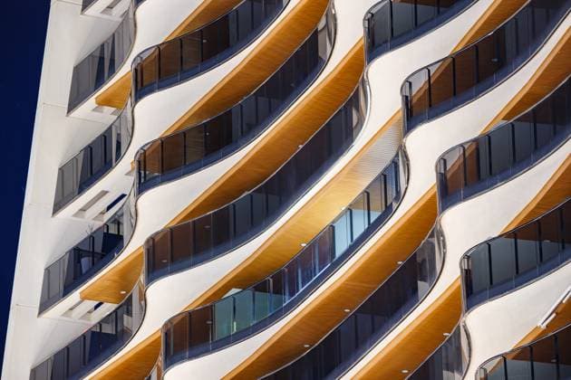 Interplay of Light and Shadow on Curved Facade Detail Benidorm, Valencian Community, Spain R_FTRG251010B-1863457-01 EDITORIAL USE ONLY