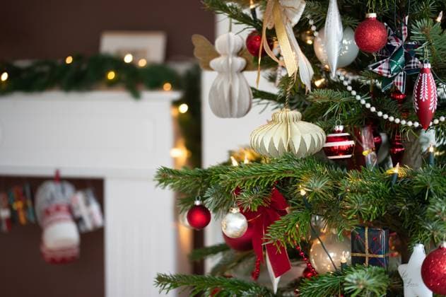 Geschmückter Weihnachtsbaum, echte Nordmann-Tanne vor unscharfen Wohnzimmermöbeln. Makrofotografie zeigt Weihnachtsbaumschmuck aus Wabenpapier und Kugeln in Rot, Weiß und Champagner. *** Geschmückter Christmas tree, Real Nordmann Fir tree before fuzzy Living room furniture Macro photography shows Christmas tree decorations from Honeycomb paper and Balls in Red, white and Champagne 1132800300