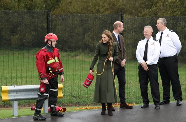 The Prince and Princess of Wales Visit Northern Ireland 14 10 2025. Cookstown, UK. The Prince and Princess of Wales during a visit to the Northern Ireland Fire and Rescue Service Learning and Development College in Cookstown, Northern Ireland. The Prince and Princess met with Chief Fire & Rescue Officer, Aidan Jennings and learned how the college equips trainees with the skills, resilience and expertise needed to help keep everyone in Northern Ireland safe. Their Royal Highnesses then engaged with two training scenarios: a warehouse space where there was a variety of simulated incidents and drills ongoing, and the flood-water rescue training space to see a simulation of a casualty being rescued from a fast-flowing river. During these scenar  Copyright: xPetexMaclainex xAvalonx 1045438314