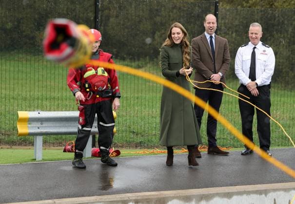 The Prince and Princess of Wales Visit Northern Ireland 14 10 2025. Cookstown, UK. The Prince and Princess of Wales during a visit to the Northern Ireland Fire and Rescue Service Learning and Development College in Cookstown, Northern Ireland. The Prince and Princess met with Chief Fire & Rescue Officer, Aidan Jennings and learned how the college equips trainees with the skills, resilience and expertise needed to help keep everyone in Northern Ireland safe. Their Royal Highnesses then engaged with two training scenarios: a warehouse space where there was a variety of simulated incidents and drills ongoing, and the flood-water rescue training space to see a simulation of a casualty being rescued from a fast-flowing river. During these scenar  Copyright: xPetexMaclainex xAvalonx 1045448207