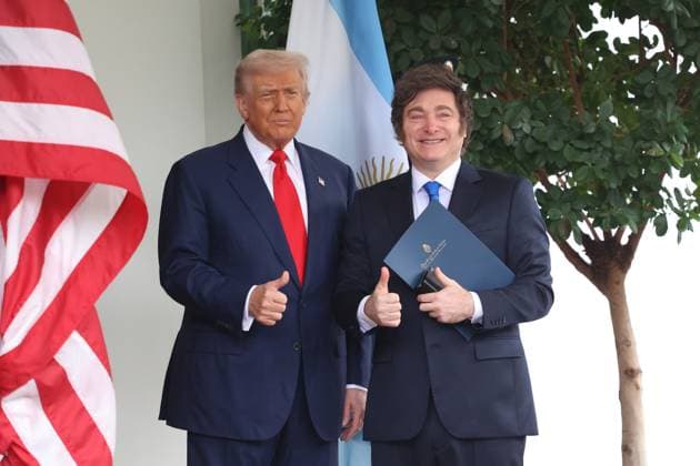 United States President Donald Trump welcomes President Javier Gerardo Milei of the Argentine Republic at the West Wing of the White House in Washington, DC on Tuesday, October 14, 2025.  WASP20251014101 AlexxWroblewski